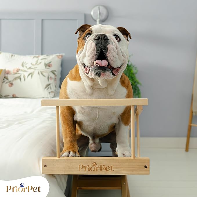 Dog ramp for Bed - PRIORPET Birchwood Adjustable Ramp for Dogs to Get on Bed: Dog ramps for High Beds up to 37 Inches – Foldable Ramp, Anti-Slip Grip & Safety Rails, Small Dogs Up to 120lbs – Natural