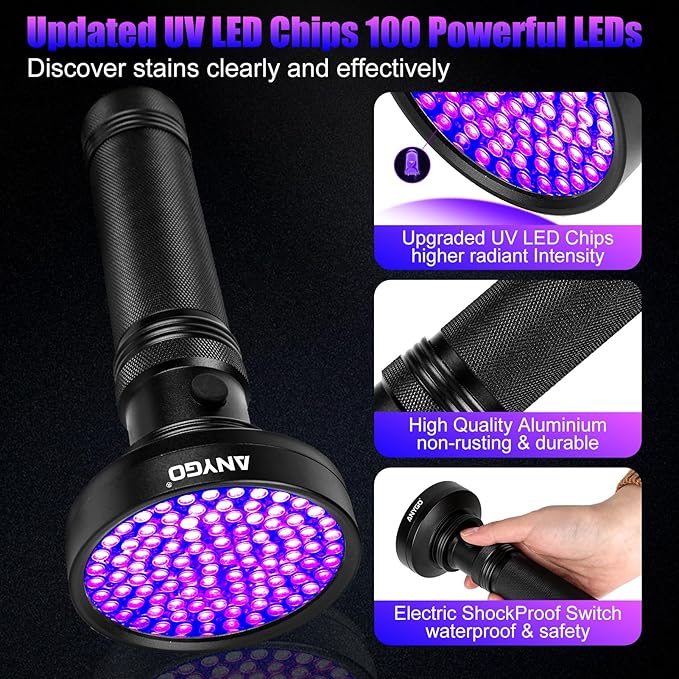 2-in-1 UV Flashlight Set: 100 LED 395nm Black Light for Pet Urine, Bed Bugs, Dust & Invisible Stains| 3W 365nm Mini UV Penlight for Precision Detection