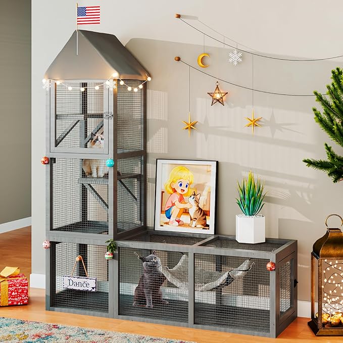 Cat Catio with Tunnel, 2 in 1 Outdoor Cat Enclosure Include 1 Catio and 1 Tunnel, Cats Enclosure with Kitten Hammock and Waterproof Cover, Indoor Outdoor Cats Cage Playground with 2 Door
