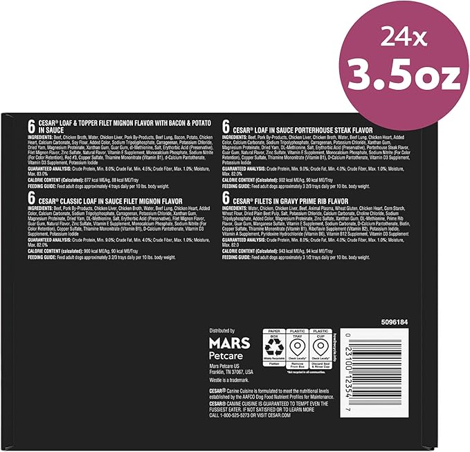 Cesar Adult Wet Dog Food Steak Lovers Variety Pack with Real Meat, 3.5 oz. Easy Peel Trays, 24 Count (Pack of 1)