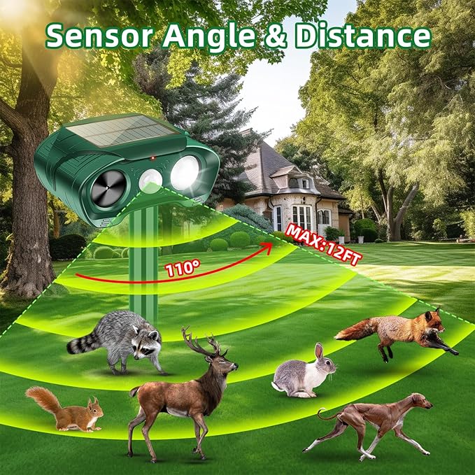 Ultrasonic Animal Repellent Outdoor Deer Repellent Devices with Motion Sensor & Strobe Light, Sonic Cat Deterrent Skunk Rabbit Raccoon Repellent Solar Animal Repeller for Yard Garden Patio