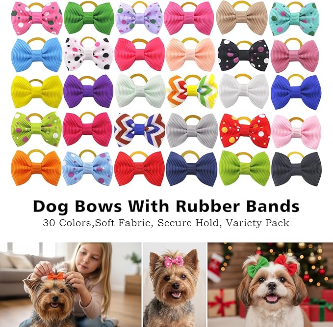 Puppy Hair Bows Small Dog Mini Rubber Bands Doggie Bowknot Pet Grooming Accessories 60pcs (30 Pairs) - Puppy Bows for Small Dogs Girl