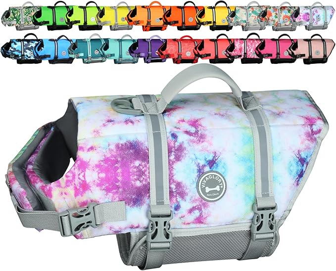 VIVAGLORY Rip Stop Dog Life Vest, Swimming Vest with Handle, Buoyancy for Doggy Puppy, Dog Life Jacket for Swimming & Boating, S, Multicolor