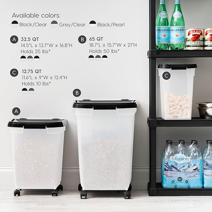 IRIS USA Dog Food Storage Container 50 lbs, with Removable Rolling Wheels, for Dog Cat Bird and Other Pets, Food Storage Bin, Keep Fresh, Made in USA, Pearl/Black