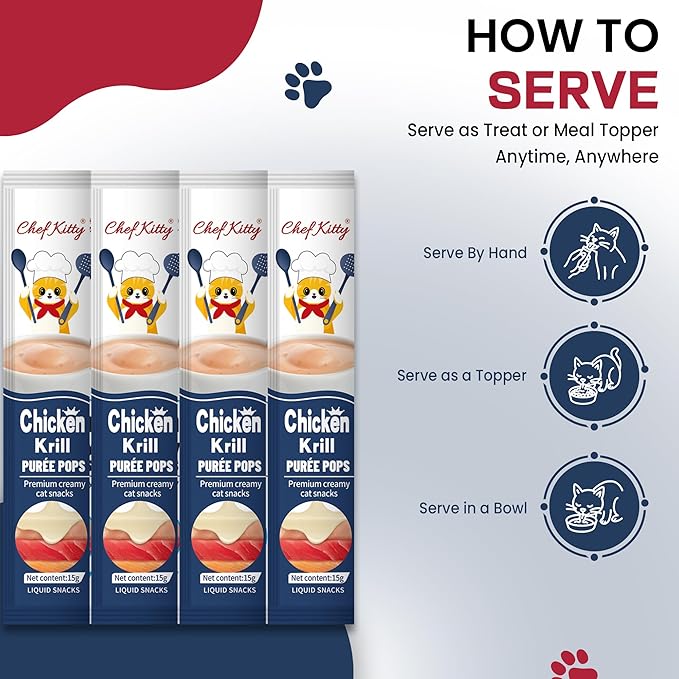 Cat Treats Lickable | Grain-Free Cat Food Toppers, High Protein | Creamy Puree Squeeze Ups with Vitamin E & Taurine, Digestible Formula | 0.5 oz. Each Tube, Chicken with Krill Recipe | 10 Tubes