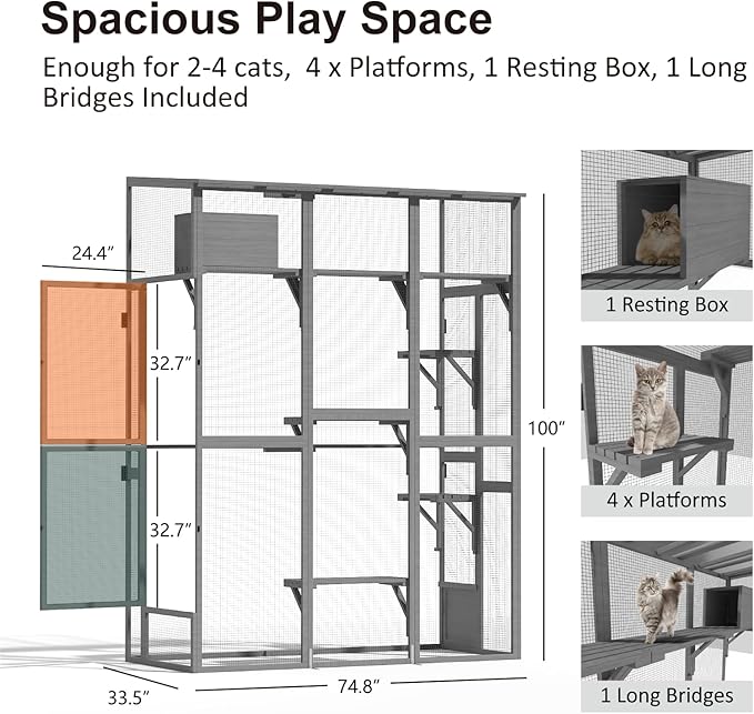 Cat Catio, Large Catio Outdoor Cat Enclosure, Window Enclosure with Waterproof Roof, Multi-Level Platforms, Cozy Sleeping Box & Fun Bridges, Spacious Outdoor Cage for Multiple Indoor Cats,100"