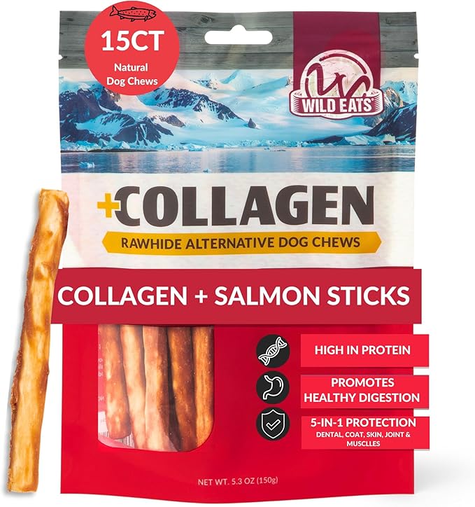 Wild Eats Real Salmon Collagen Sticks for Dogs, (15ct, 1cm Thick) Healthy Bully Stick - Long Lasting Dog Chew Treat