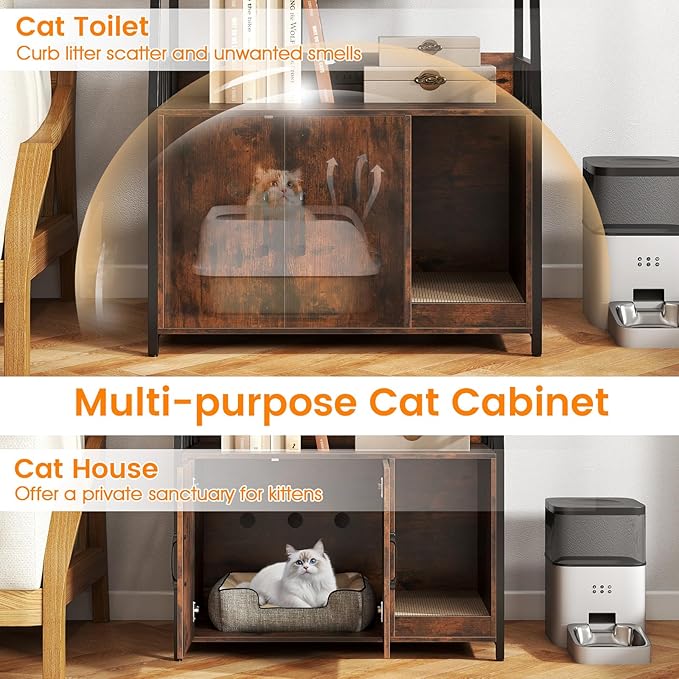 PETSITE Cat Litter Box Enclosure with Storage Shelves, 52 Inches Tall Hidden Litter Box with Charging Station, Scratching Board, and Winding Entry (Rustic Brown)