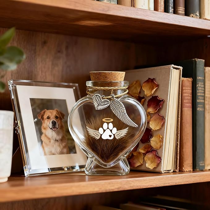 Loss of Dog Cat Pet Sympathy Gift, Memorial Bottle for Pet Hair, Pet Fur Keepsake, Heart-Shaped Glass Memorial Bottle, Dog Hair Keepsake, Dog Memory Memorial Keepsake