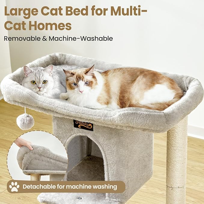 Cat Tree Tower Scratching Post for Indoor Large Cats, Small Cat Tree with Big Perch Bed, 28in Tall Trees House with Condo Cave, Toy Balls, Modern Climbing Furniture Platform for Kitten (Light Gray)