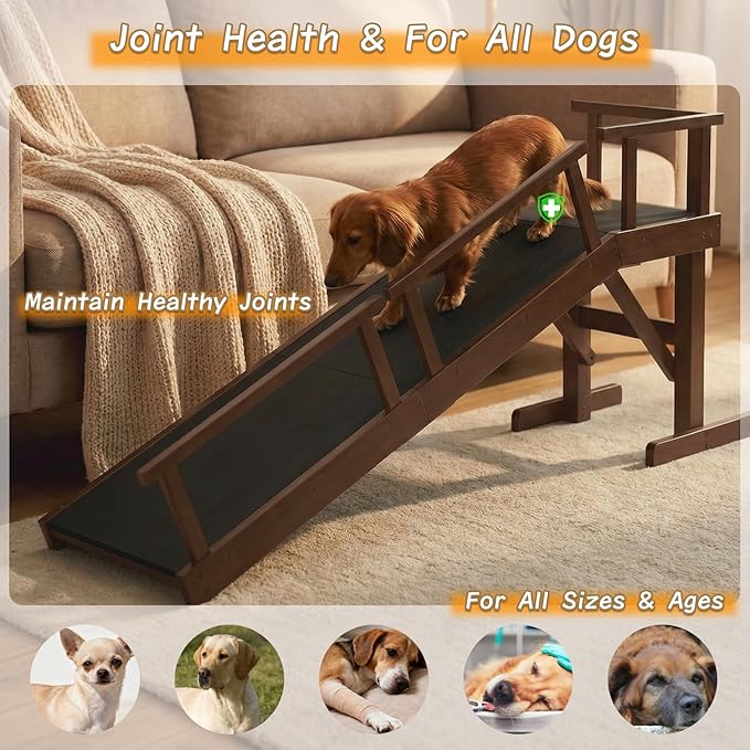 61" Dog Ramp for Bed,Birchwood Pet Ramp with Removable Side Rail and Non-Slip Surface, Pet Ramp for Small & Large Dogs with Rest Platform and DIY Glow Strips,Dog Stairs for Couch, Brown