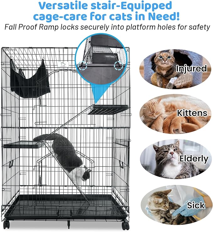 Homey Pet 51 Inch Cat Cages Indoor, 3-Tier Cat Crates for Indoor Cats, Collapsible Metal Wire Large Cat Kennel Big Multi-Level Kitten Crate with Wide Side Door, Plastic Platform, Ramp, 360° Wheel