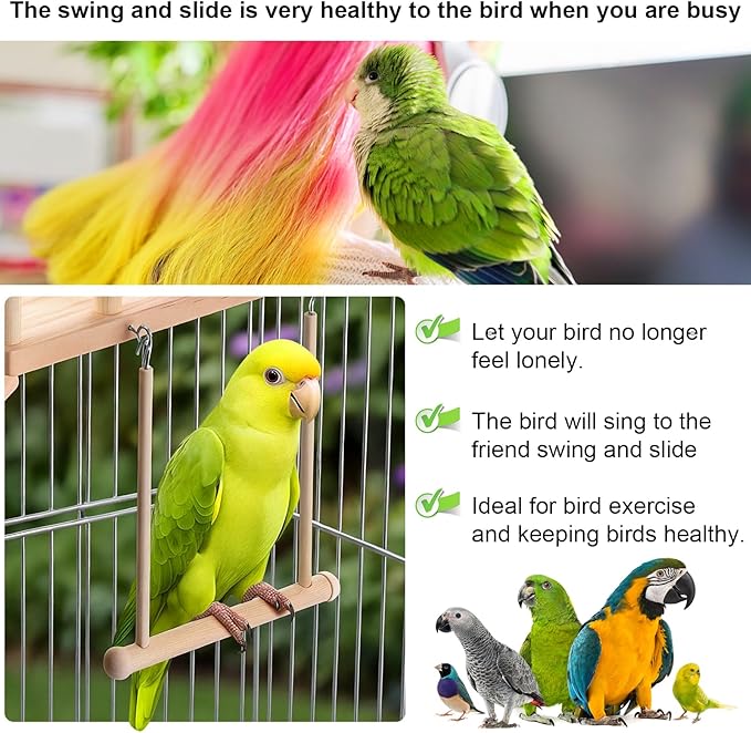 Wooden Bird Habitat Platform with Swing and Ladder - Sturdy Long Tailed Parrot cage Accessory, Suitable for Exercising and Entertaining Bird Games Gym - Perfect for Parrots, Canaries, Sparrows