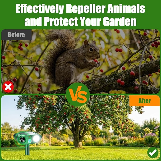 2026 Upgraded Ultrasonic Solar Animal Repellent Outdoor, Deer Repellent Devices Squirrel Cat Raccoon Rabbit Dog Deterrent with Motion Sensor Flash Light for Yard Garden Lawn (2)