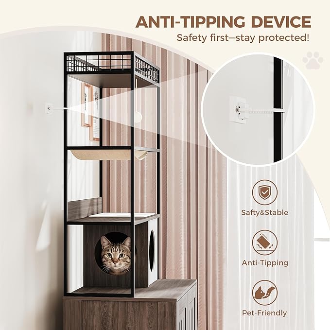 Cat Litter Box Enclosures with Storage Rack, Enclosed Litter Box Furniture, Hammock, Sisal Balls and Cat Scratching Mat