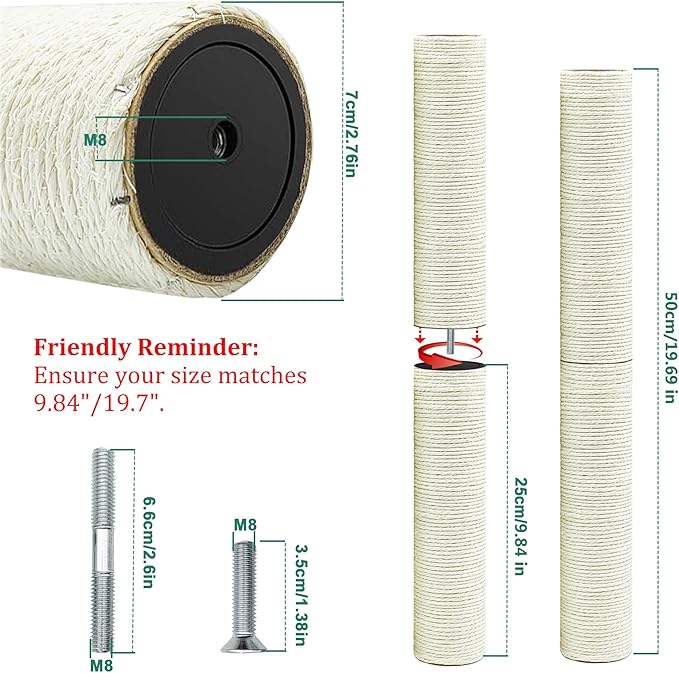 Cat Tree Replacement Post, 2 Pack 9.84in (Connectable to 19.7in/50cm) Cat Scratching Post with M8 Screws, Natural Sisal Cat Tower Parts for Cat Tree Repair