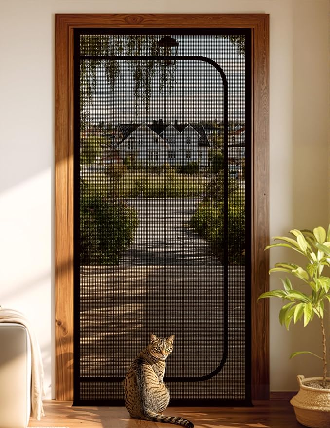 BFNN Cat Screen Door, Extra Tall Cat-Proof Mesh Gate, Fit Door Size 38'' x 82'', Anti Scratch Mesh with Zipper Closure, for Living Room, Kitchen, Bedroom (Black)