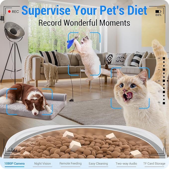 Automatic Cat Feeder with Camera: 5G WiFi Automatic Dog Feeder with Night Vision, 7L Auto Cat Food Dispenser with 1080P Camera for Multiple Pet, Detachable for Easy Clean -29 Cup (ACF100W-B)