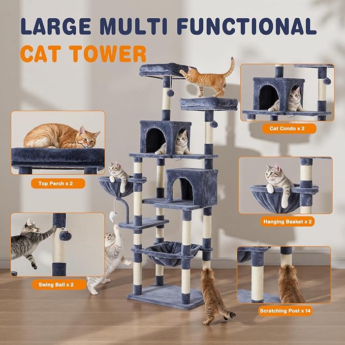 Sweetcrispy 71 inch Cat Tree Tower, Large Multi Level Cat Climbing Tower with Condo, Natural Sisal Scratching Posts, Platform, Hammock, Basket, Tall Pet Tree House for Indoor Cats Play, Dark Blue