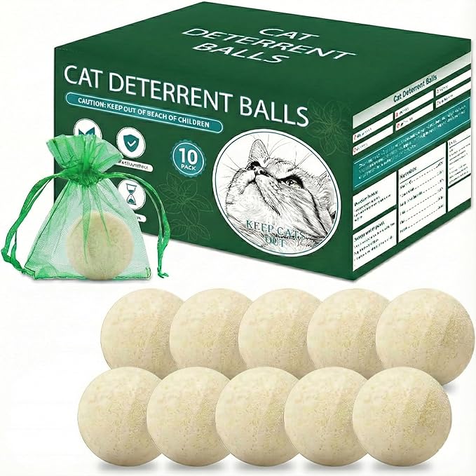10Pack Cat Repellent Outdoor & Indoor, Natural Peppermint Oil Cat Deterrent Balls Outdoor Indoor Keep Cats Off Yard Garden Lawn Plants and Chew-White