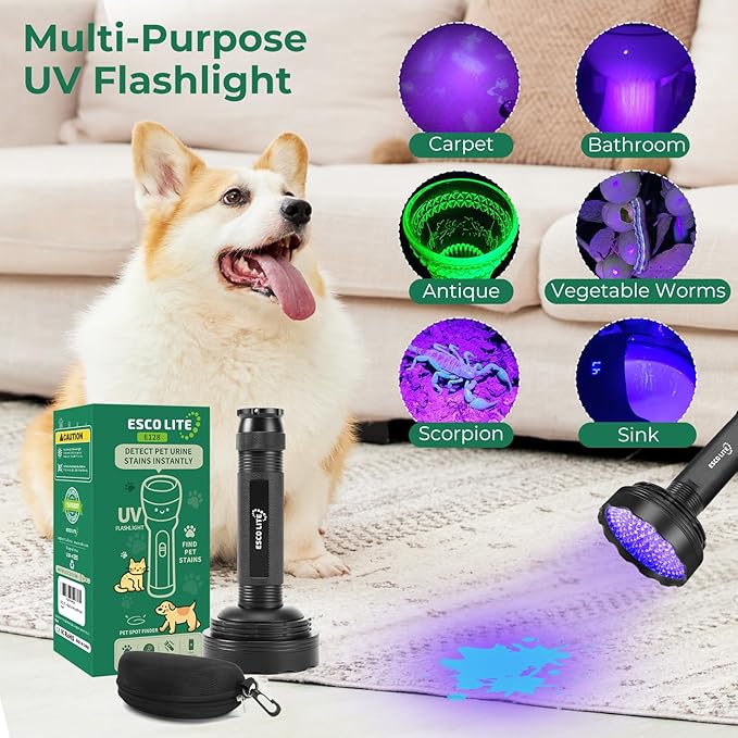 ESCO LITE Blacklight Flashlight 128 LED UV Flashlight, Upgraded Bright 395nm Handheld Ultraviolet Light for Pet Urine Detection, Scorpion Hunting