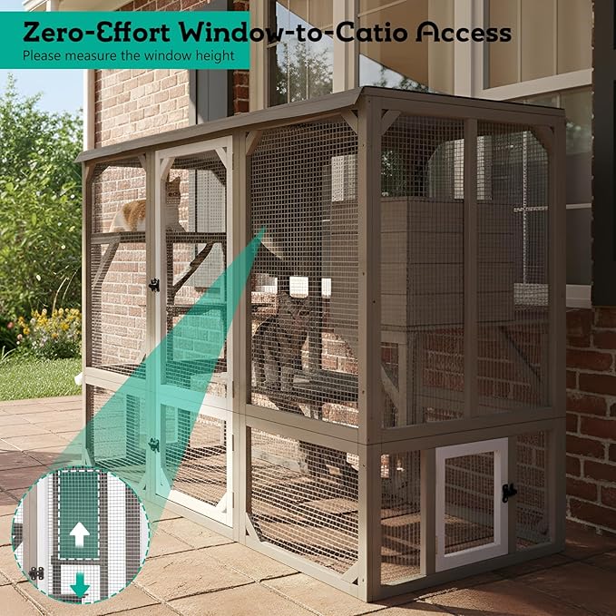 Large Catio Outdoor Cat Enclosure Window Access, Wooden Kitty Cage with Resting Room & 3 Platforms for Multiple Feral Cats, Cat House Attached to Window, Pet's Door for Patio Indoor