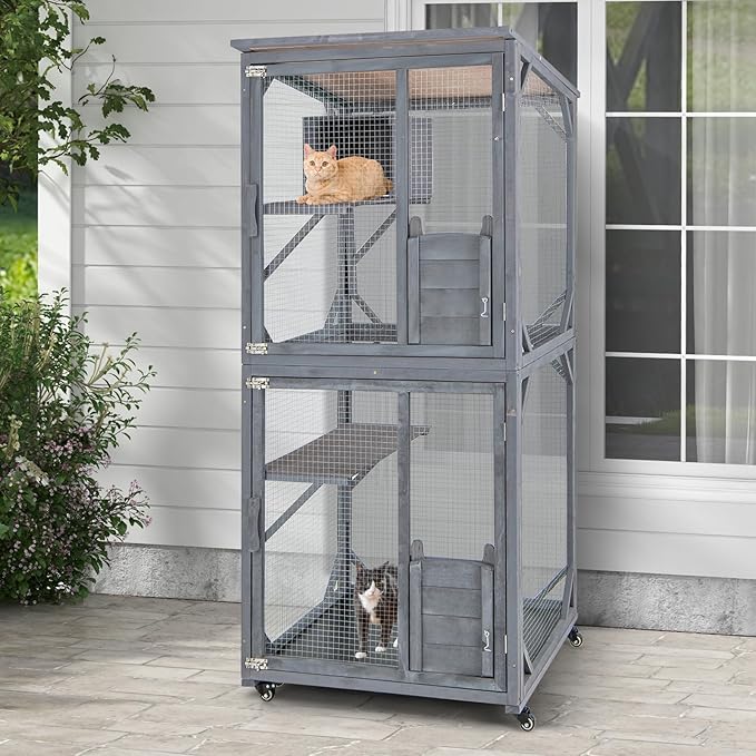 Tangkula Catio Outdoor Cat Enclosure, 72 Inch Wooden Cat House on Wheels with Resting Box, 2 Platforms & Weatherproof Asphalt Roof, Large Kitty Cat Condo Cage Playpen with Enter Doors & PP Layer