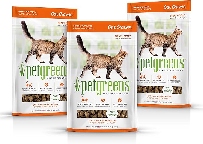 Pet Greens Soft-Chew Indoor Cat Treats Infused with Cat Grass Semi-Moist Roasted Chicken Treats, 3 Ounces Per Pack (3 Pack Roasted Chicken)