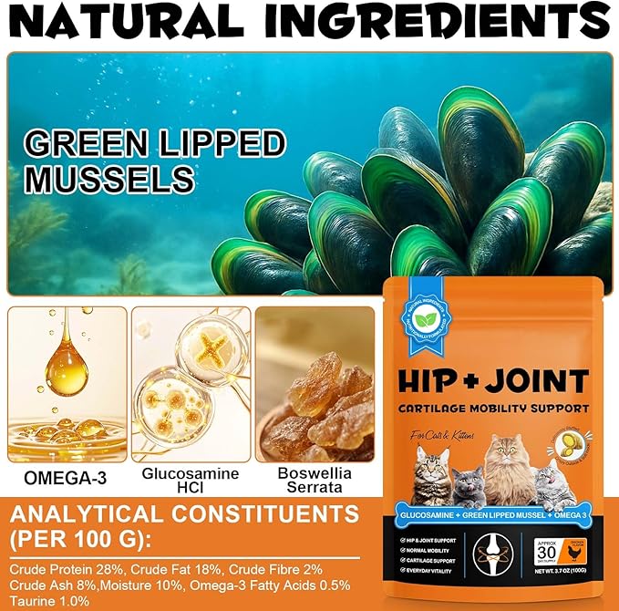 Hip & Joint Bites for Cats - Chicken Flavored Glucosamine Joint Supplement for Cats - Cat Joint Supplement for HIPS & Joints, Cat Arthritis Pain Relief, with Green Lipped Mussel, 3.7 oz