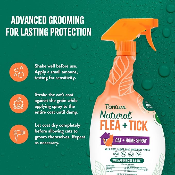 TropiClean Flea and Tick Treatment Spray for Cats & Home, Safely Treat, Prevent & Control by Contact, Powerful & Natural Defense, USA Made, 32oz