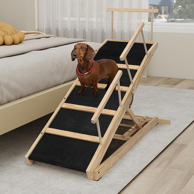 Dog Ramp for Bed PANTAZO Adjustable Ramps for Small Dogs to Get on Bed, Up to 28.5 Inches, 48'' Long,120lbs with Anti-Slip Grip & Safety Rail