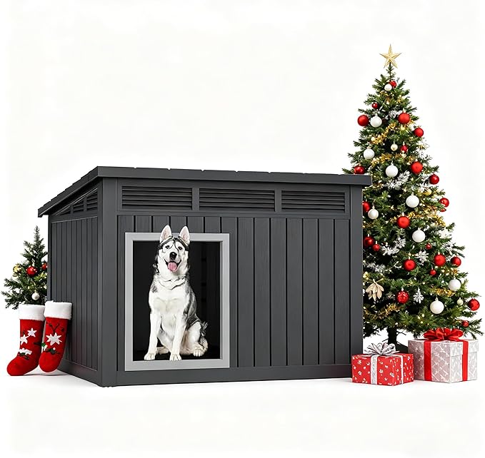 Fancyango Large Dog House for Indoor & Outdoor - Weatherproof & Removable Roof, Fits Small to Large Dogs (42.8" L x 33" W x 31.5" H) - Black