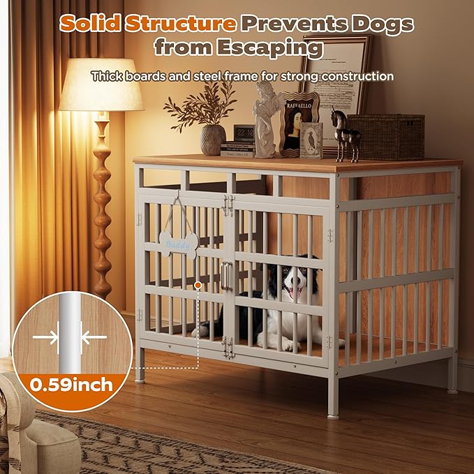 Large Dog Crate Furniture, Wooden Dog Kennel Furniture for Medium Large Dogs, Double-Doors Sturdy Metal Dog Cage for Anxiety Dog, Anti Escape Wooden Cage with Name Tag End Table, TV Stand Beige