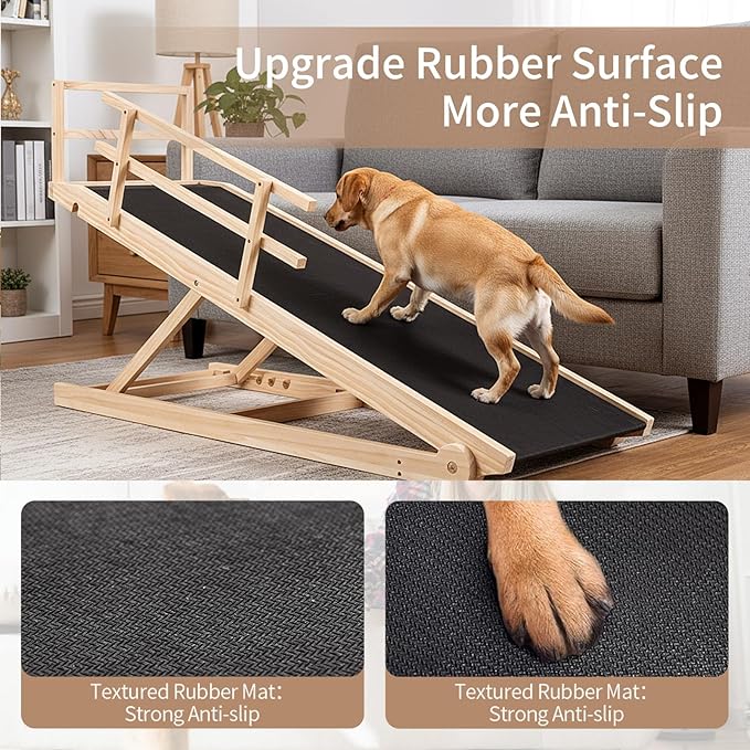 SLSY Dog Ramp for Beds & Couches, Upgraded Folding Adjustable Ramp with Non-Slip Rubber Mat, 55" Long, 5 Heights (15.7"–27.5"), Portable Wooden Step Supports Up to 220 lbs for Dogs & Cats (Natural)