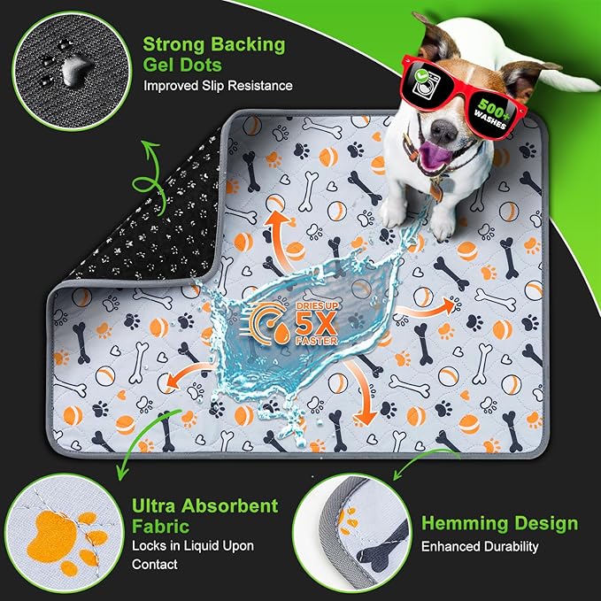 Hompet Washable Pee Pads for Dogs, 34"x21", 2-Pack Thick Heavy Absorbency Reusable Pee Pads Prevent Leakage Non-Slip, Pet Training Pads for Puppy Playpen, Crate, Potty, Floor, Bed, Sofa