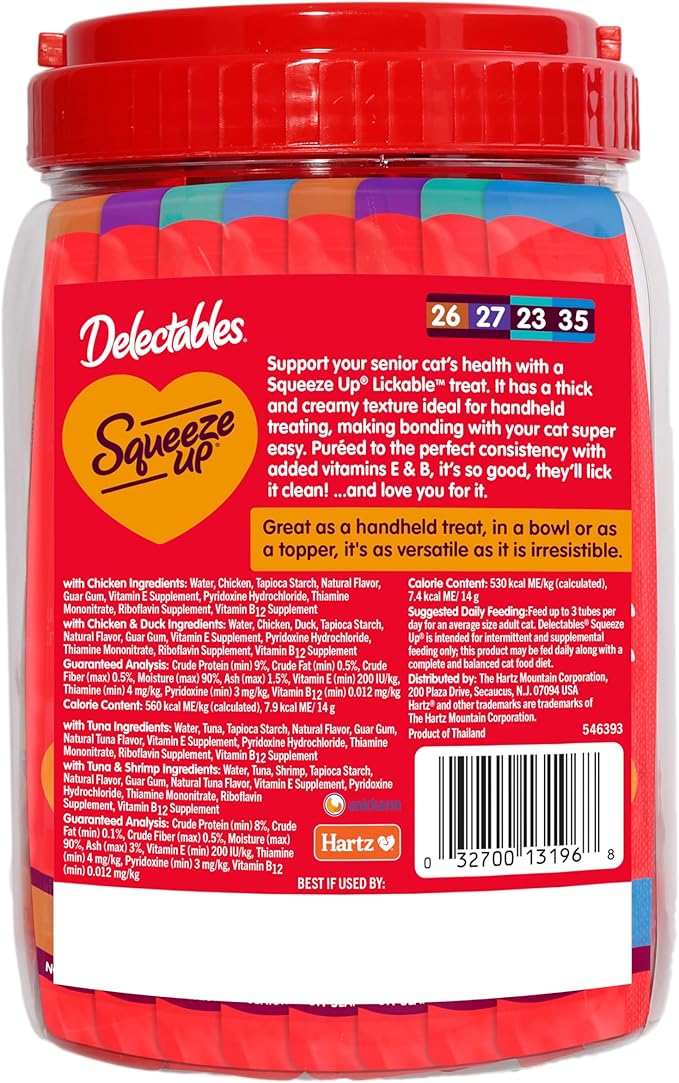Delectables Squeeze Up Senior 10+ Variety Pack, Creamy Squeezable Puree, Lickable Wet Cat Treats, Grain Free, 0.5 Ounces Tube, 48 Tubes Total