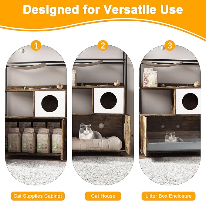 Cat Litter Box Enclosures with Storage Rack, Enclosed Litter Box Furniture, Hammock, Sisal Balls and Cat Scratching Mat