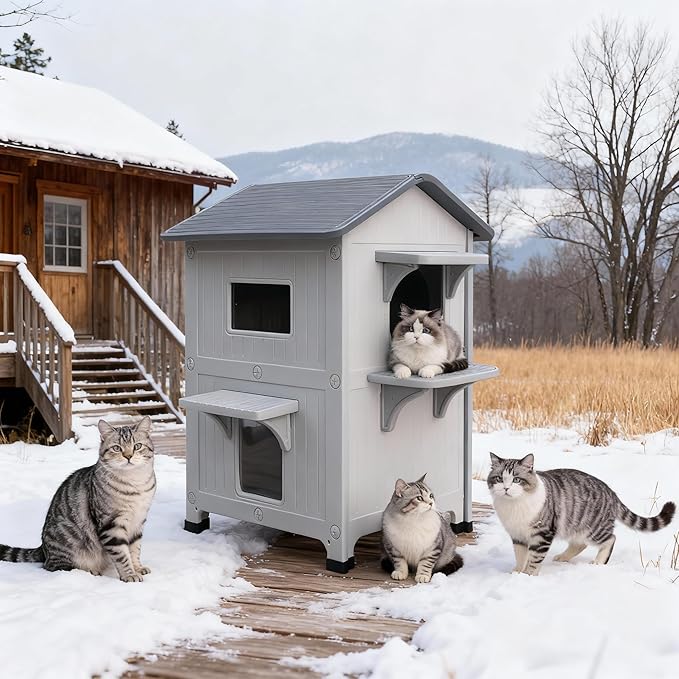 Weatherproof Outdoor Cat House for Feral Multi Cat, 2 Storey Insulated Elevated Plastic Cat Shelter with Escape Door, Easy Assemble, Expansive Interior‌ White 34" D x 21" W x 21.5" H