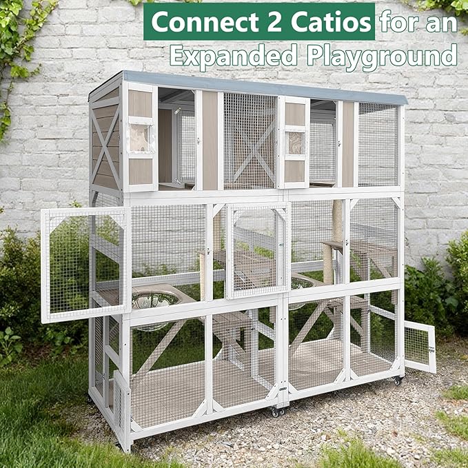 Catio Outdoor Cat Enclosure with Wheels & Weatherproof Roof, Large 63" Window Catio with 3 Platforms, Acrylic Dome, Portable Kitty House for Indoor Cats