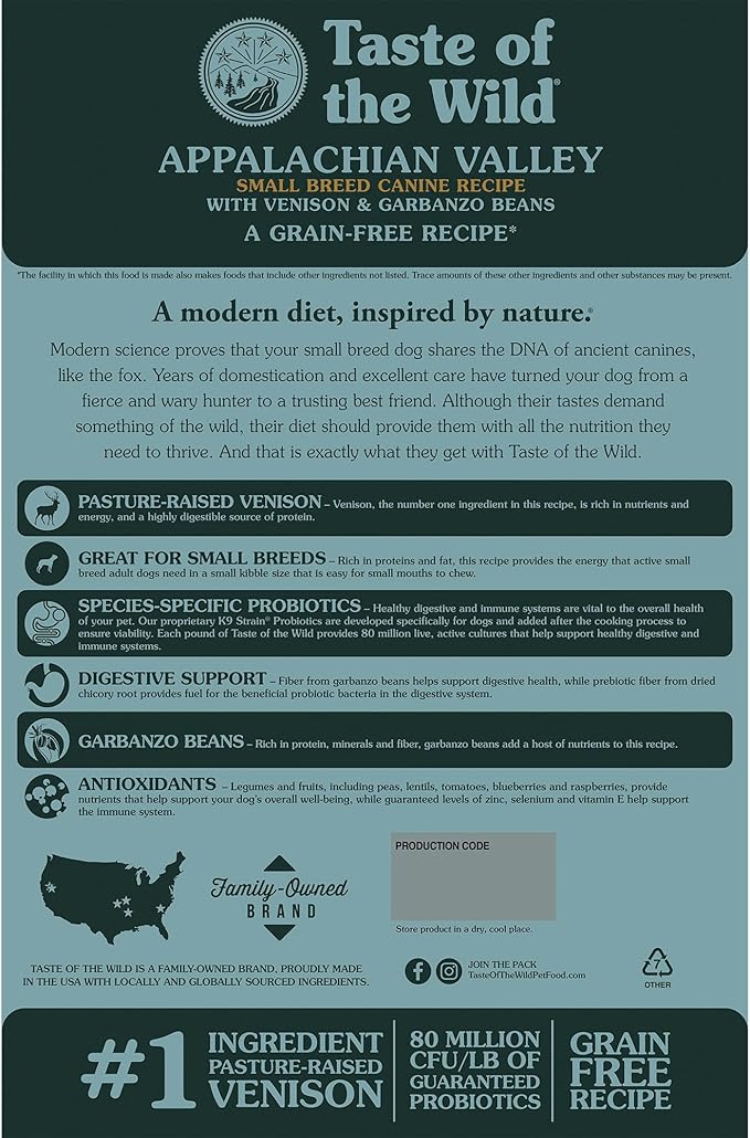 Taste of the Wild Grain Free High Protein Real Meat Recipe Appalachian Valley Premium Dry Dog Food,Venison,5 pounds