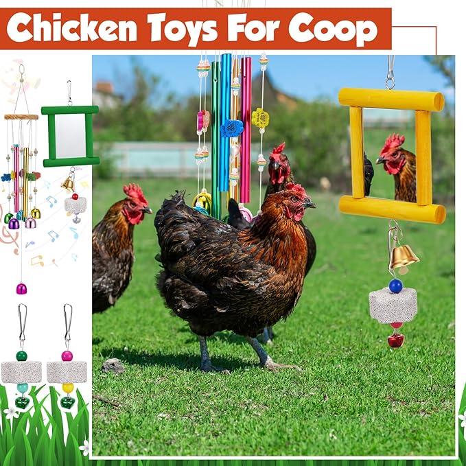 7 Pcs Chicken Toys, Hanging Chicken Wind Chime, 2 Pcs Coop Mirror Toys with Bells 4 Pack Beak Grinding Stones, Musical Coop Accessories for Hens Roosters Chicks Poultry Birds(Yellow，Green)