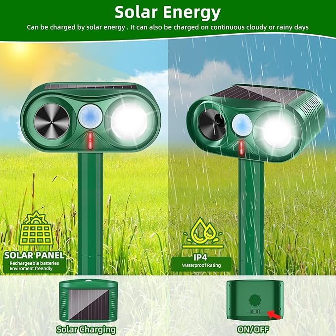 2026 Solar Animal Repellent Ultrasonic Outdoor Cat Repellent Solar Animal Repeller with Motion Sensor&LED Flashlight Deer Repellent Devices Repels All Animal Repellent Outdoor,Protect Plants