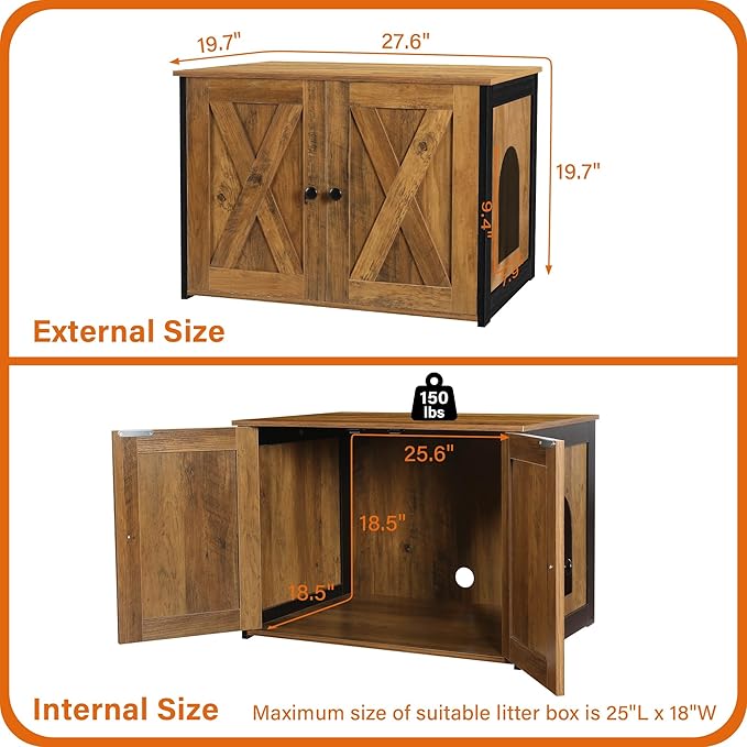 Dwanton Litter Box Enclosure, Cat Litter Box Furniture Hidden, Reversible Entrance Can Be on Left or Right Side, Wooden Cat Washroom Indoor, Warm Brown, 27.6 Inches