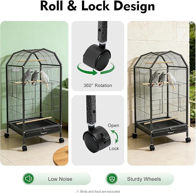 Large Bird Cage, Movable Pet Bird Flight Cages with 5 Doors Wheels, Panorama Bird Aviary Indoor with Stand 17.9x17.9x39.9in, Fit for a Canary, Finch, Cockatiels, Conures, Parrot, Lovebirds