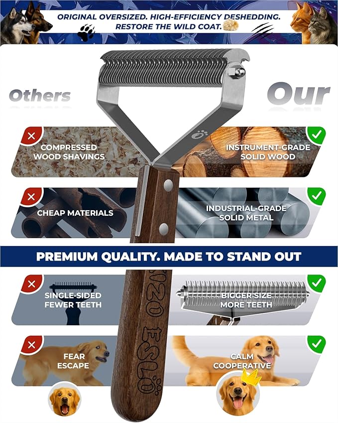 Extra Large 2-Sided Dog Brush For Shedding Undercoat Rake for Dogs & Cats, Remove Mats, Dematting Comb,Gentle Grooming Brush for German Shepherds Medium to Long-Haired Pets(Premium Walnut Handle)