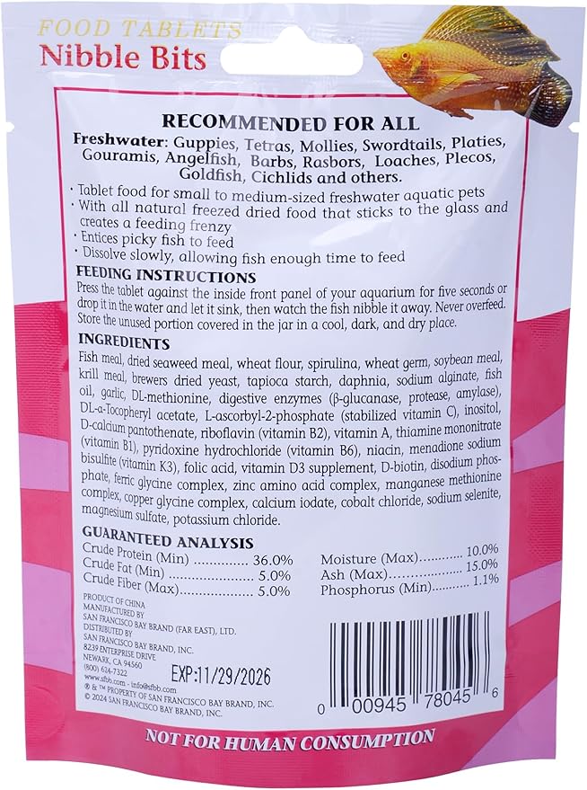 San Francisco Bay Brand Tropical Fish Food Tablets Nibble Bits - All-Natural Fish Food for Freshwater Herbivore, Angelfish, Cichlids, Catfish, Guppies, Tetras - Guppy Fish Food - 2.1 oz (60g)