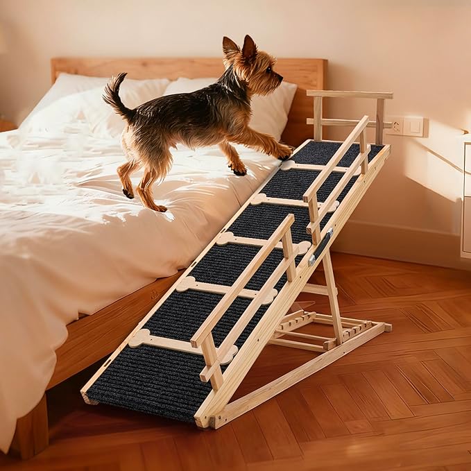 COSIEST Dog ramp for Bed and Couch, Wooden Pet Ramp Folding Portable for Couch and Bed, 64.5 Inch Long and Height Adjustable Dog ramp with Anti-Slip Grip & Safety Rails, Up to 200lbs, Wood