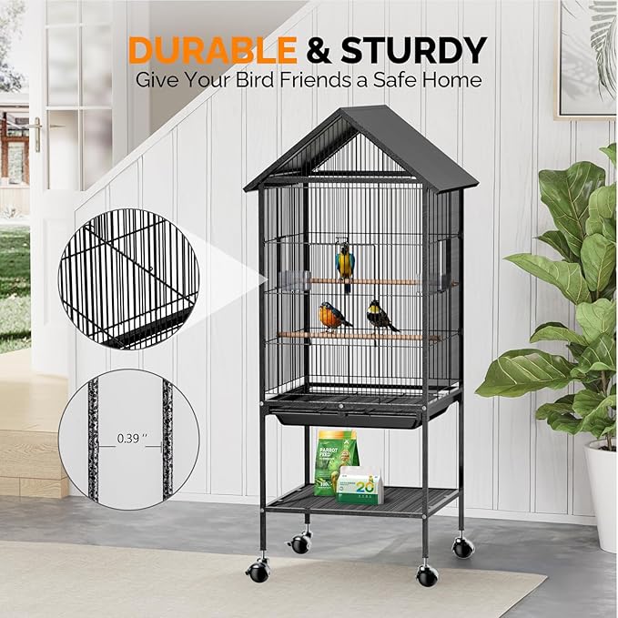 VINGLI Bird Cage with Wheels, 50 inch Wrought Iron Cage with Spire Roof, Bird Cages with Rolling Stand for Parrots, Cockatiels, Budgies, Lovebirds, Small/Medium Birds (50" H with Spire Roof)