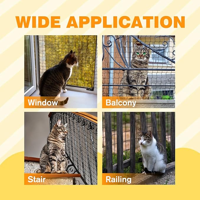 Steel Reinforced Cat Netting for Balcony Anti-Fall Fence Safety Net, Extra Strong Cat Net for Catio Safety Cat Balcony Netting for Pets Cat Proof Screen Pet Net Cat Balcony Protection Barrier10FTx33FT