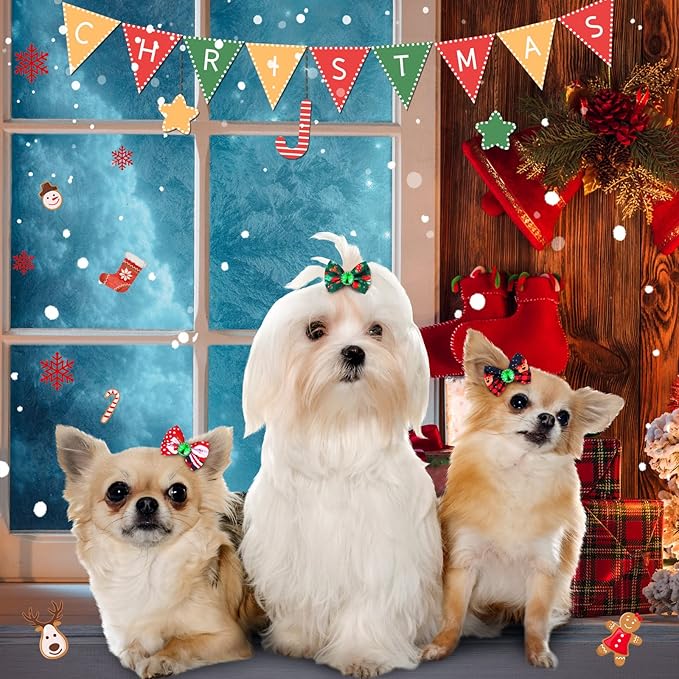 Tondiamo 100 Pack Christmas Dog Bows for Dogs Christmas Hair Bows with Rubber Bands Puppy Hair Bows Rhinestone Dog Bows Grooming with Santa Claus Christmas Tree Elk Snowflake Dog Hair Accessories